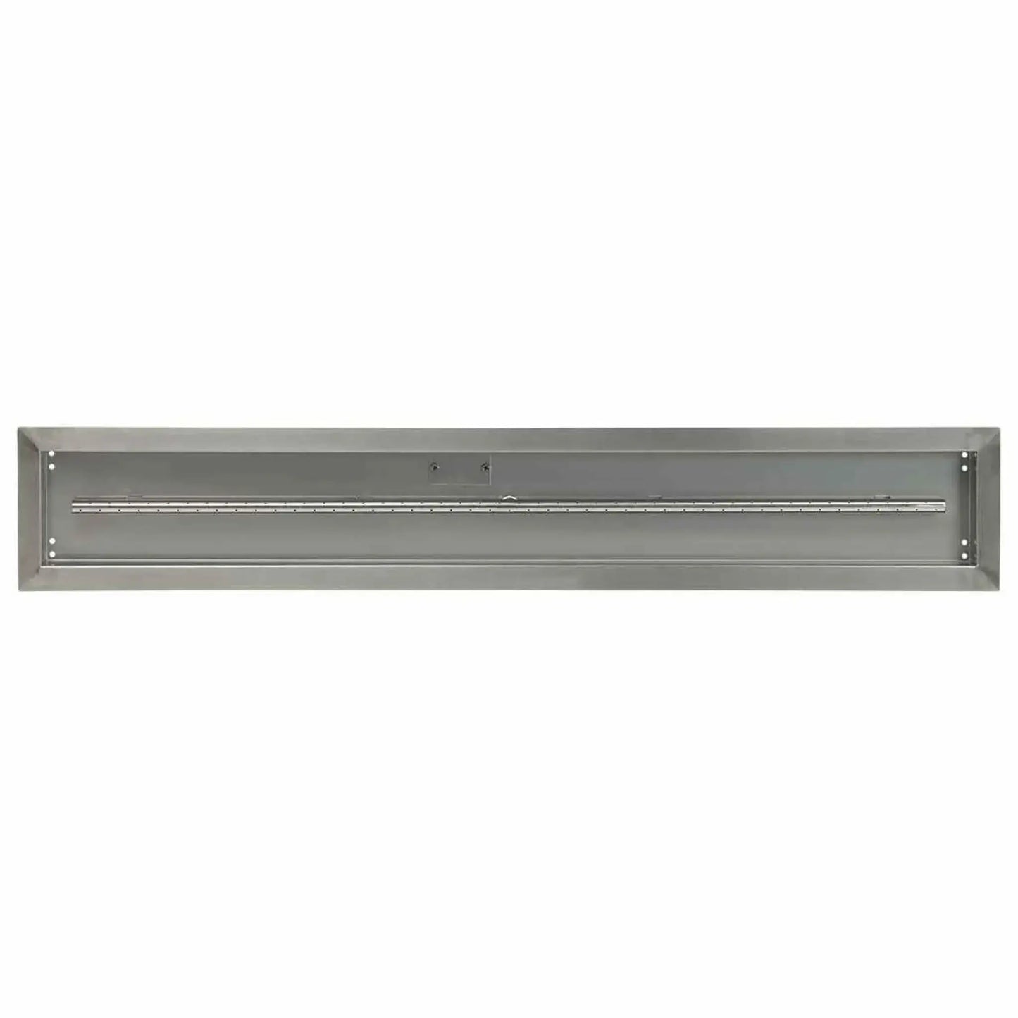 Angled view of a 48x6 linear stainless steel drop-in fire pit burner pan showing the clean welded edges, recessed pan depth, and centered burner for even flame distribution.