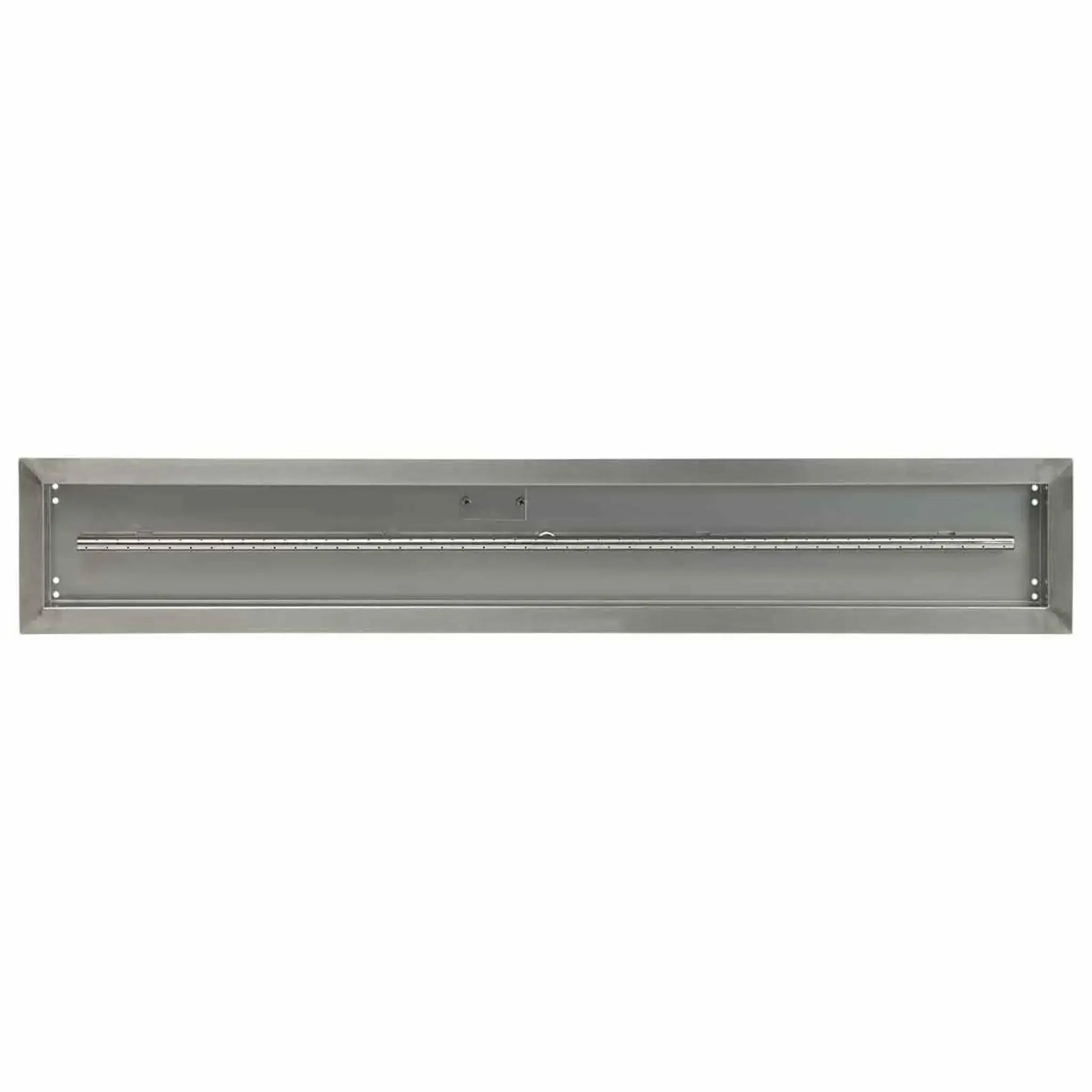 Angled view of a 48x6 linear stainless steel drop-in fire pit burner pan showing the clean welded edges, recessed pan depth, and centered burner for even flame distribution.