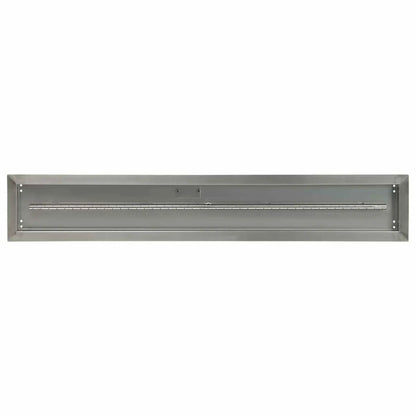 Angled view of a 48x6 linear stainless steel drop-in fire pit burner pan showing the clean welded edges, recessed pan depth, and centered burner for even flame distribution.