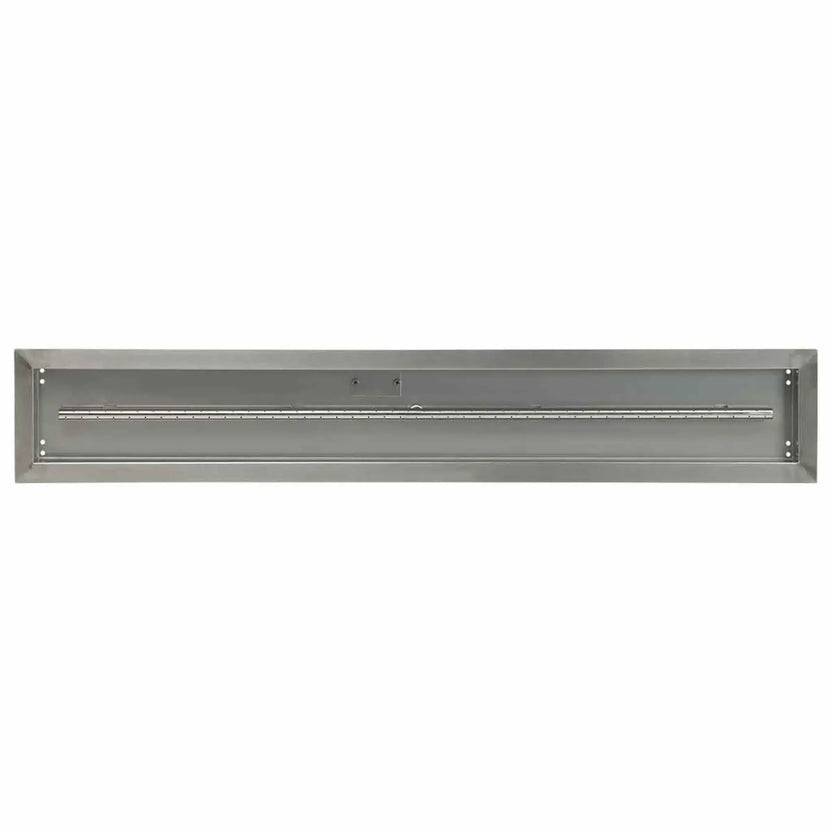 Angled view of a 48x6 linear stainless steel drop-in fire pit burner pan showing the clean welded edges, recessed pan depth, and centered burner for even flame distribution.