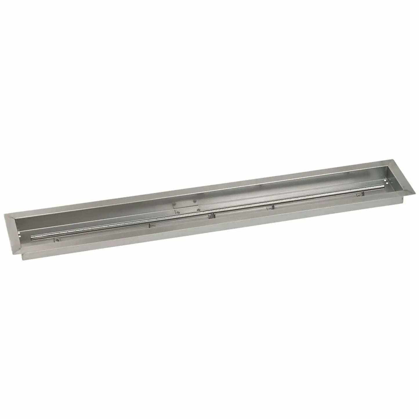 Linear stainless steel drop-in burner pan measuring 48 by 6 inches, featuring a long rectangular pan with integrated linear burner tube designed for modern outdoor fire pits and fire tables.