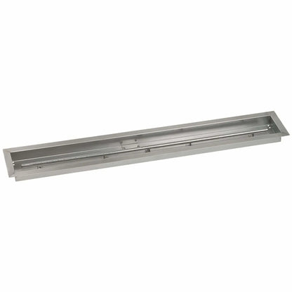 Linear stainless steel drop-in burner pan measuring 48 by 6 inches, featuring a long rectangular pan with integrated linear burner tube designed for modern outdoor fire pits and fire tables.