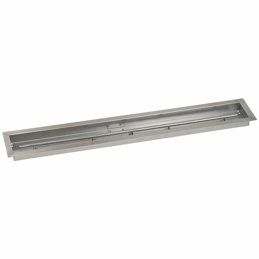 Linear stainless steel drop-in burner pan measuring 48 by 6 inches, featuring a long rectangular pan with integrated linear burner tube designed for modern outdoor fire pits and fire tables.