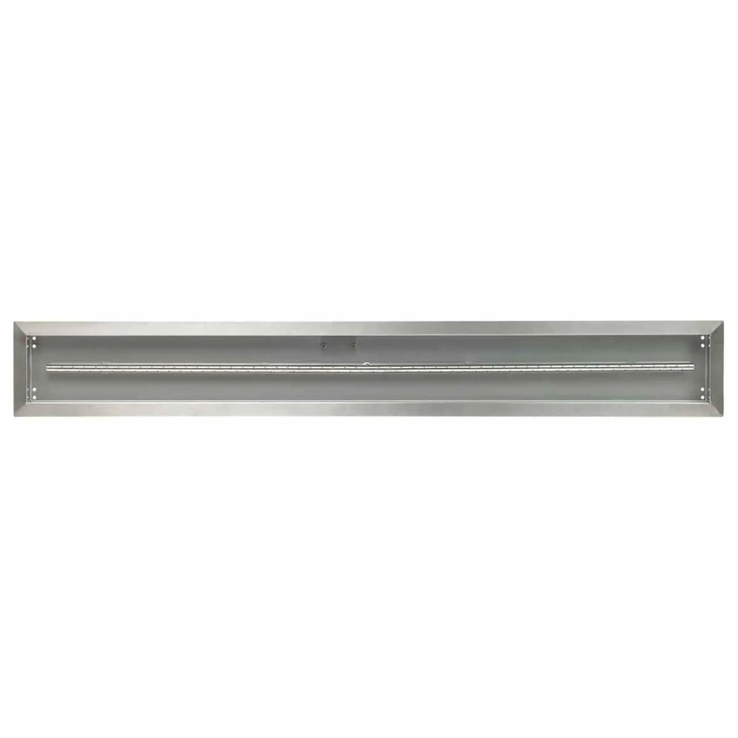 Perspective view of a 60x6 stainless steel linear drop-in burner pan highlighting the elongated burner design, smooth brushed finish, and low-profile rectangular construction.