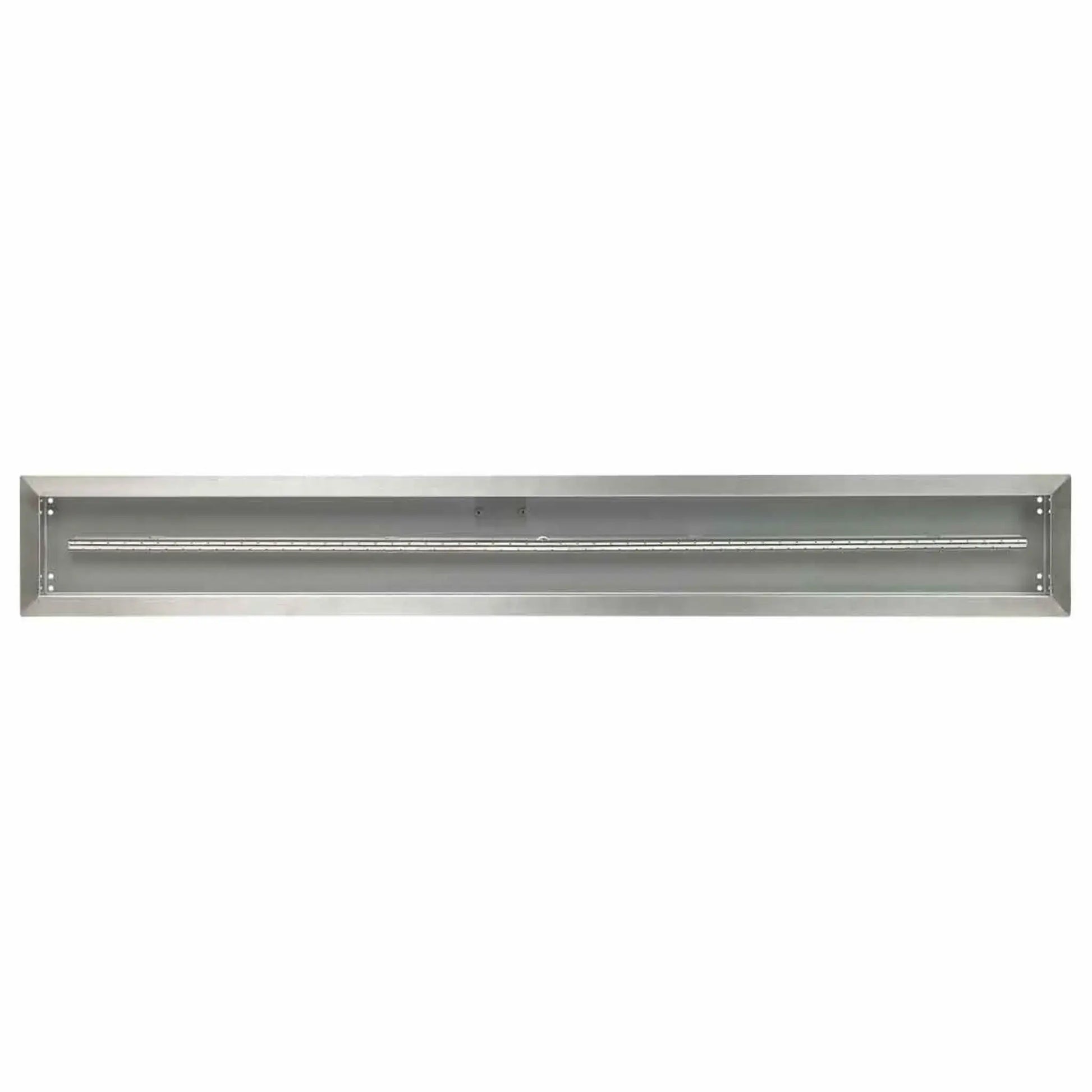 Perspective view of a 60x6 stainless steel linear drop-in burner pan highlighting the elongated burner design, smooth brushed finish, and low-profile rectangular construction.