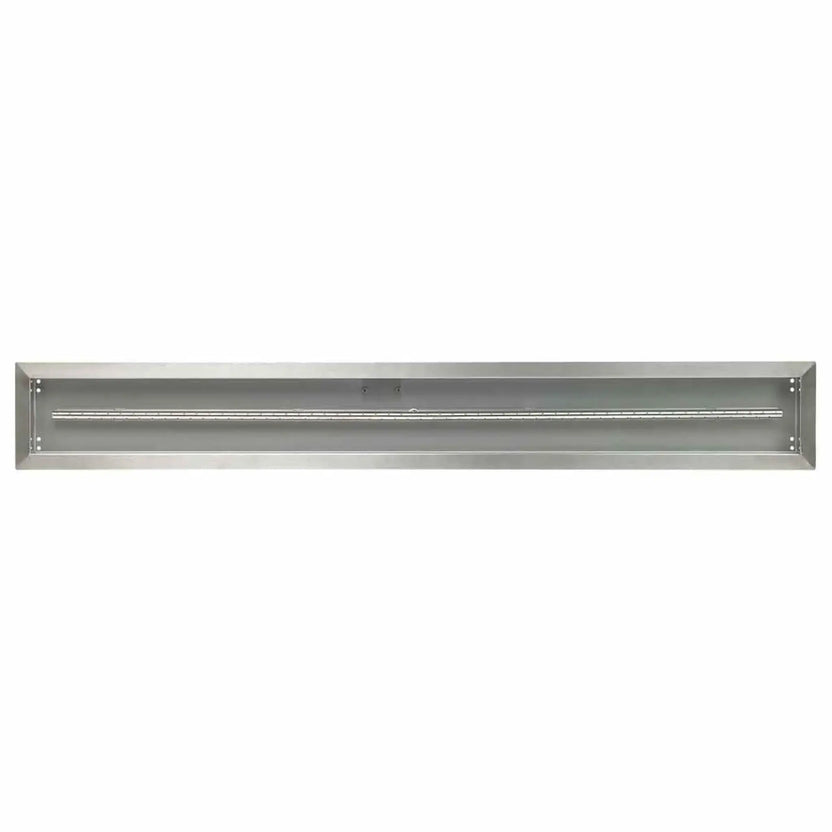 Perspective view of a 60x6 stainless steel linear drop-in burner pan highlighting the elongated burner design, smooth brushed finish, and low-profile rectangular construction.