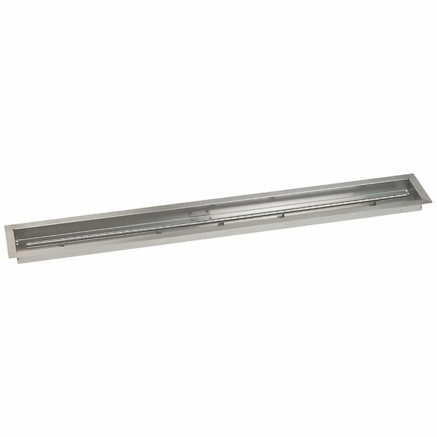 Top-down view of a 60 by 6 inch linear stainless steel burner pan with a full-length burner tube, ideal for contemporary outdoor gas fire pit installations.