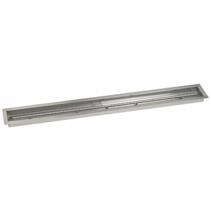 Top-down view of a 60 by 6 inch linear stainless steel burner pan with a full-length burner tube, ideal for contemporary outdoor gas fire pit installations.