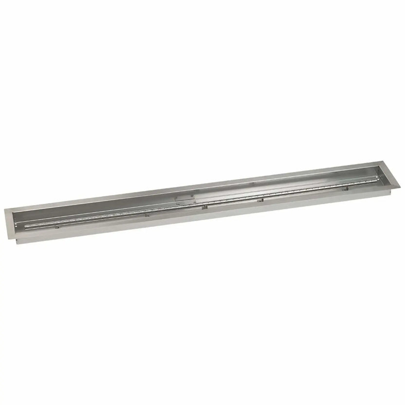Top-down view of a 60 by 6 inch linear stainless steel burner pan with a full-length burner tube, ideal for contemporary outdoor gas fire pit installations.