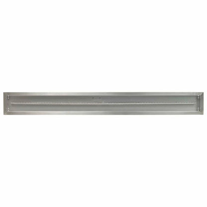 Angled product image of a 72x6 stainless steel linear fire pit burner pan showing the extended pan length, clean corners, and centered gas burner assembly.