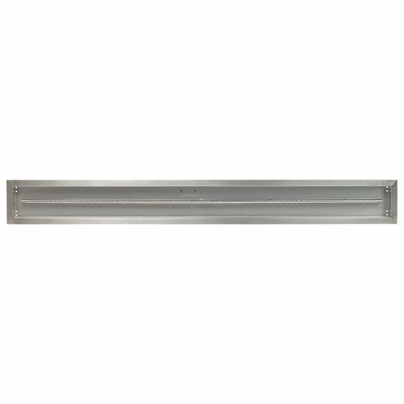 Angled product image of a 72x6 stainless steel linear fire pit burner pan showing the extended pan length, clean corners, and centered gas burner assembly.