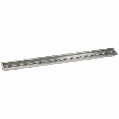 Extra-long 72 by 6 inch linear stainless steel drop-in burner pan featuring a precision-drilled burner tube designed for large custom fire pits and outdoor fireplaces.