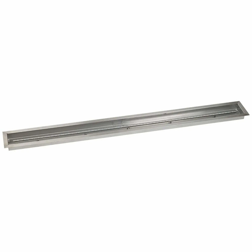 Extra-long 72 by 6 inch linear stainless steel drop-in burner pan featuring a precision-drilled burner tube designed for large custom fire pits and outdoor fireplaces.