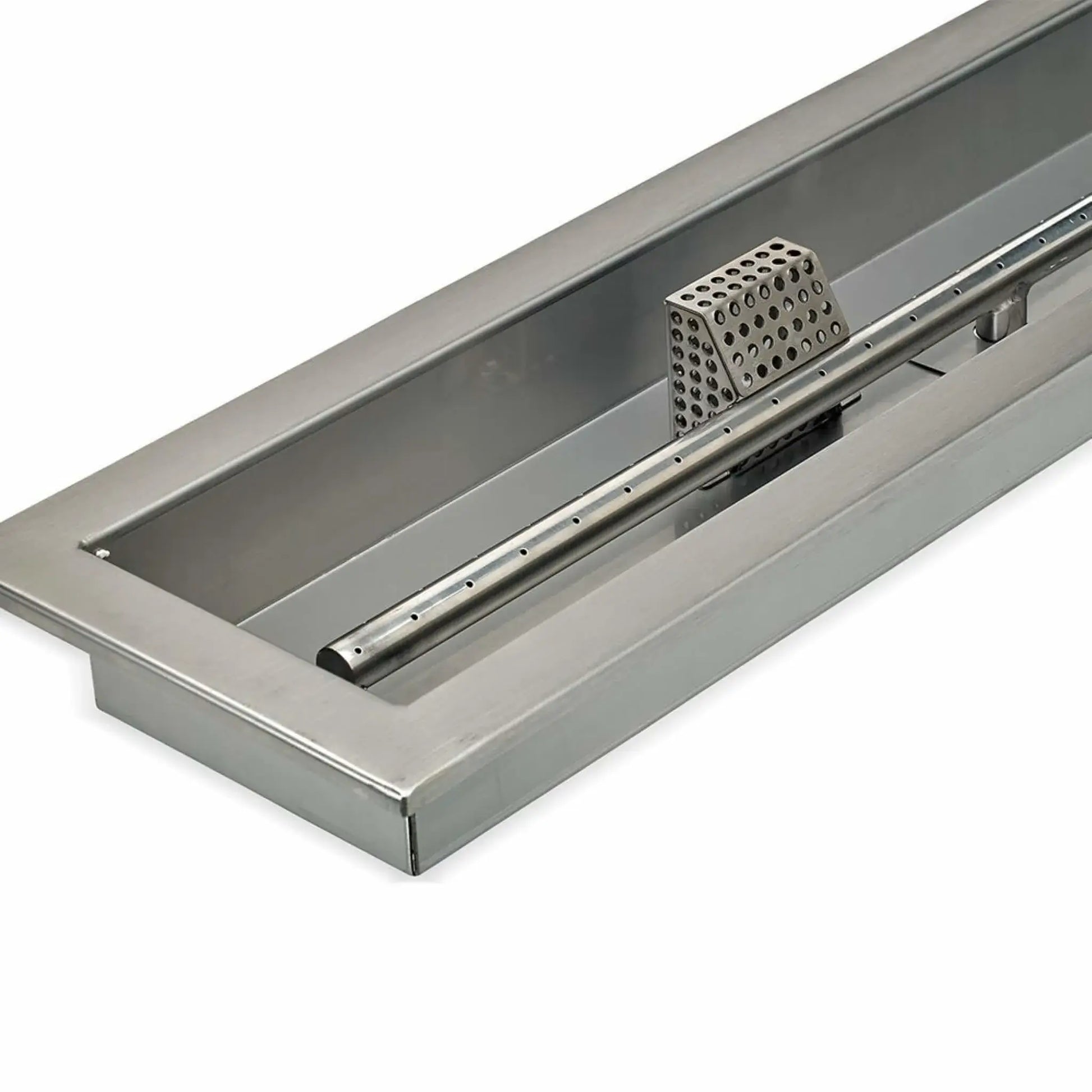 Close-up corner detail of a linear stainless steel drop-in fire pit pan by American Fire Products, highlighting the smooth welded edges, brushed stainless finish, and precision-cut construction designed for CSA-certified outdoor fire features.