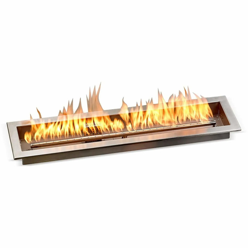 30-inch by 6-inch linear stainless steel fire pit pan burning with tall, even flames across the burner, showcasing a clean fire line and modern design suitable for outdoor fire tables and custom fire pit installations.