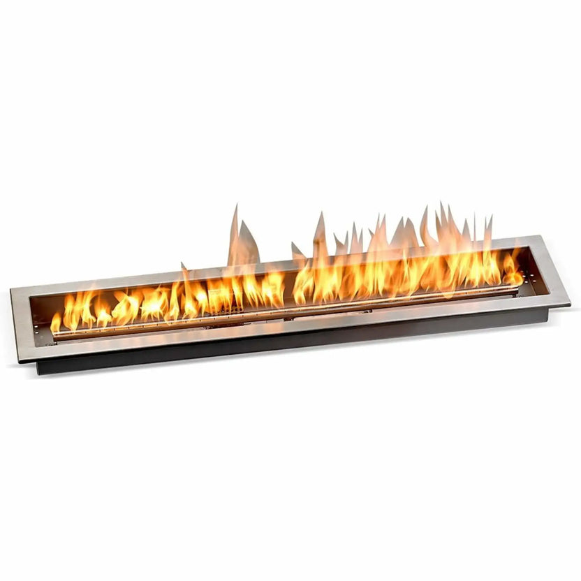 36-inch linear stainless steel drop-in fire pit pan with active flames running the full length of the burner, demonstrating consistent flame height and a sleek, contemporary fire feature design.