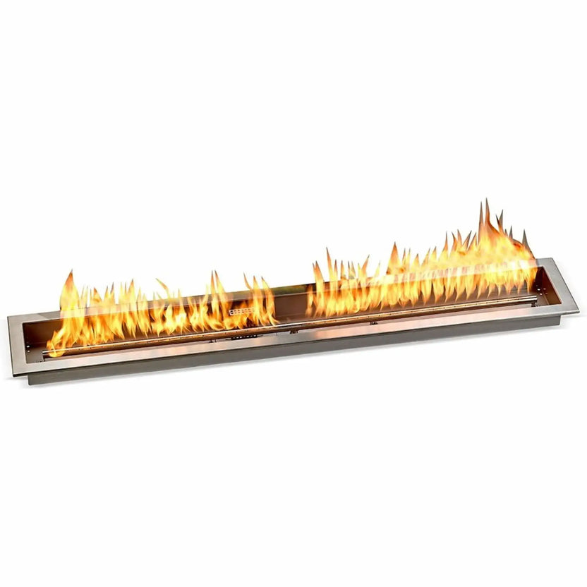 48-inch stainless steel linear fire pit pan operating at full flame, displaying a long, continuous fire line ideal for modern outdoor fire pits, fire tables, and architectural fire features.