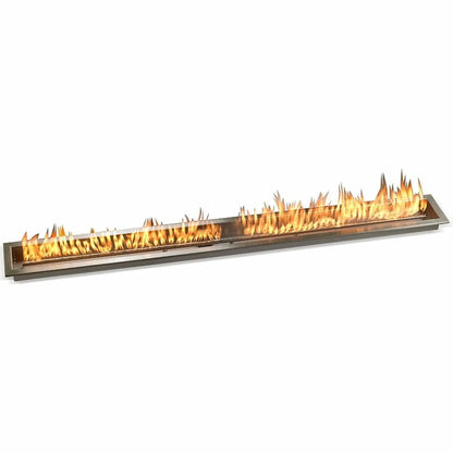 60-inch linear stainless steel fire pit burner pan with bright, uniform flames extending end to end, designed for large outdoor fire installations requiring a bold, modern fire presentation.