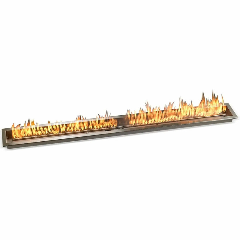 72-inch stainless steel linear fire pit pan producing a wide, dramatic flame display across the entire burner, ideal for expansive outdoor fire features and custom luxury fire pit designs.