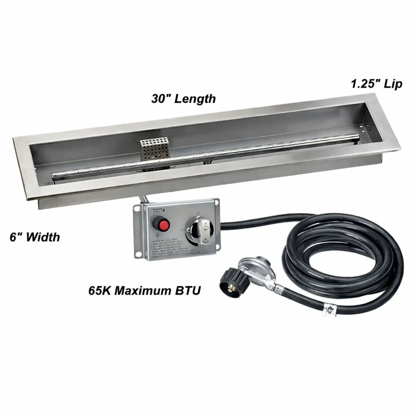 Propane linear stainless steel fire pit pan measuring 30 inches long by 6 inches wide, displayed with labeled dimensions, control box, gas hose, and 65,000 BTU rating for outdoor fire pit installations.