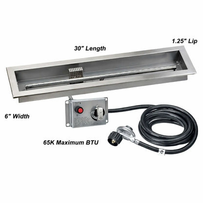 Propane linear stainless steel fire pit pan measuring 30 inches long by 6 inches wide, displayed with labeled dimensions, control box, gas hose, and 65,000 BTU rating for outdoor fire pit installations.