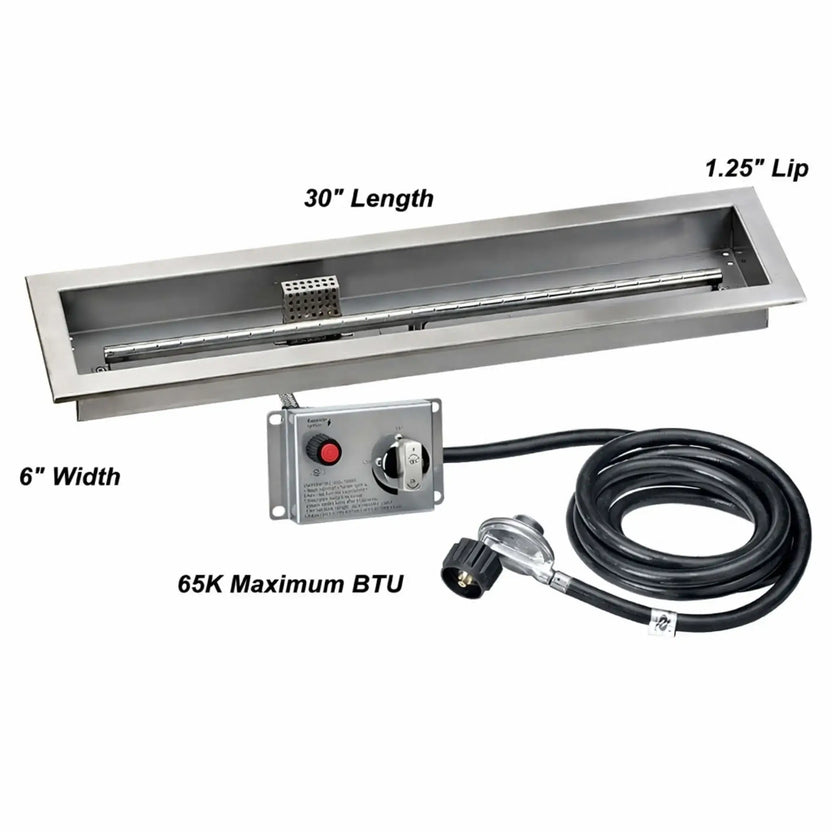Propane linear stainless steel fire pit pan measuring 30 inches long by 6 inches wide, displayed with labeled dimensions, control box, gas hose, and 65,000 BTU rating for outdoor fire pit installations.
