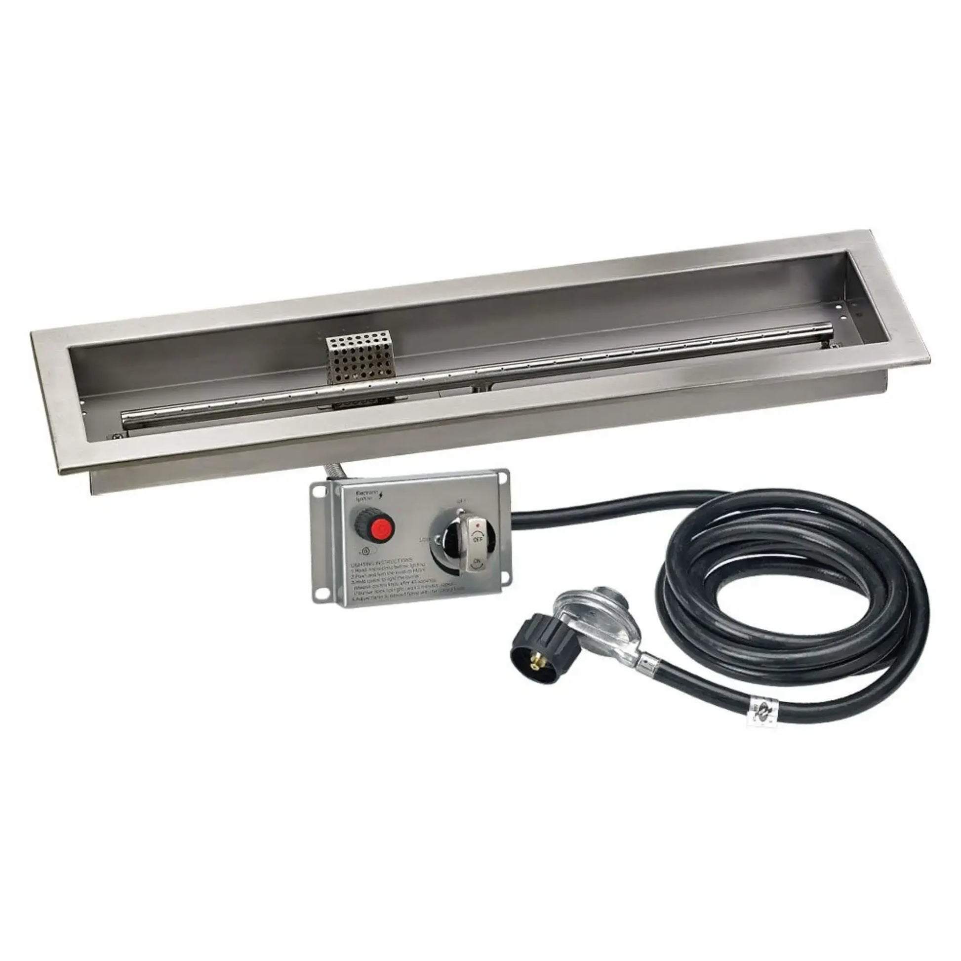 30-inch by 6-inch stainless steel linear drop-in fire pit pan configured for propane gas, shown with the burner assembly and clean rectangular pan design on a white background.