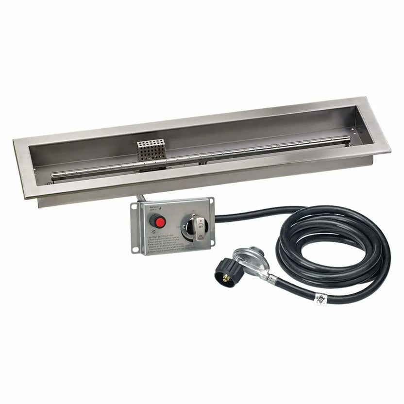 30-inch by 6-inch stainless steel linear drop-in fire pit pan configured for propane gas, shown with the burner assembly and clean rectangular pan design on a white background.