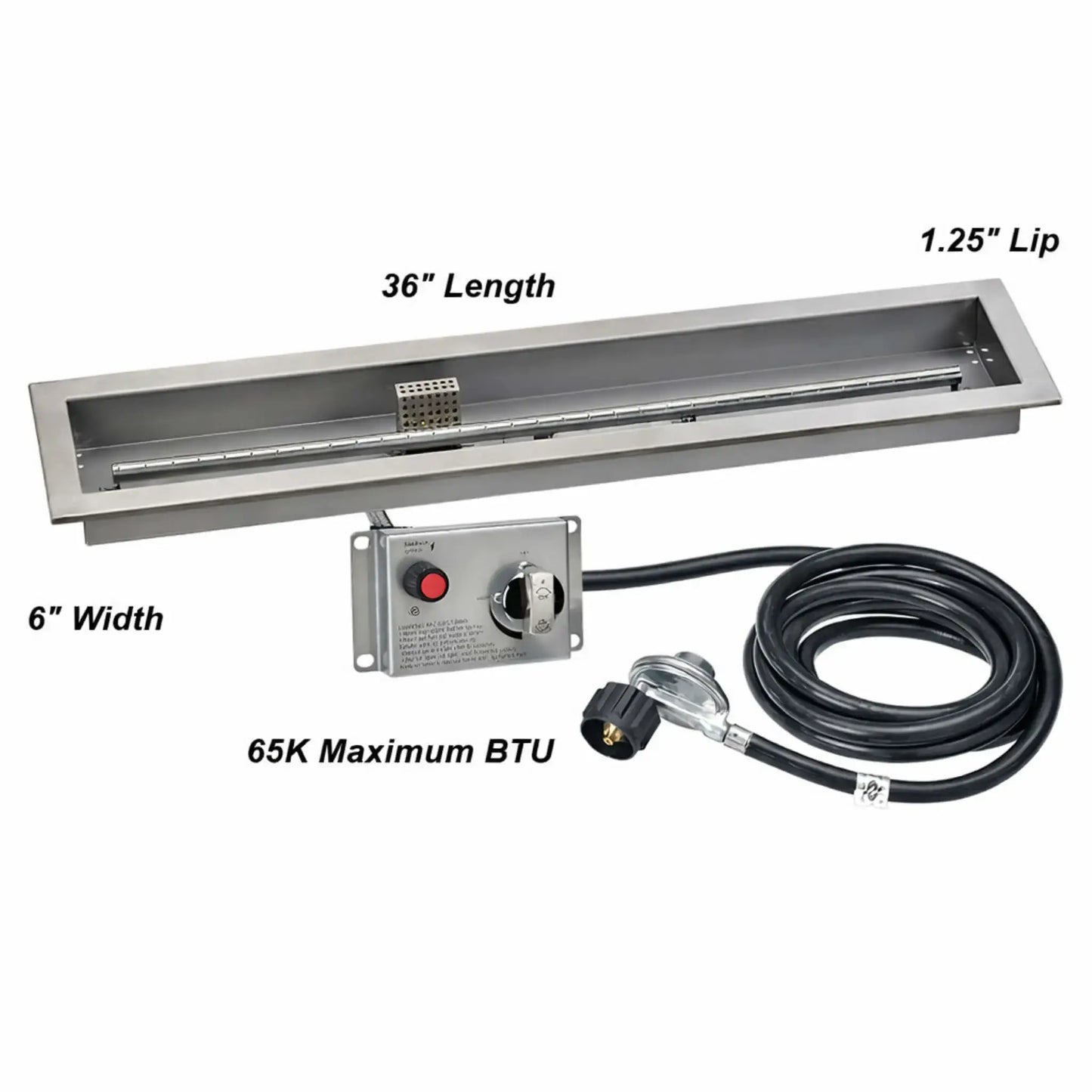 Dimensioned diagram of a 36-inch linear stainless steel propane fire pit pan showing overall length, 6-inch width, 1.25-inch mounting lip, and a maximum output of 65,000 BTUs, along with the included electronic ignition control and gas connection.