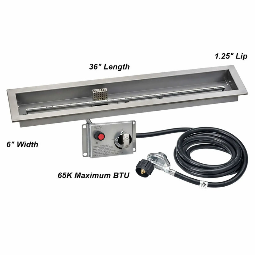 Dimensioned diagram of a 36-inch linear stainless steel propane fire pit pan showing overall length, 6-inch width, 1.25-inch mounting lip, and a maximum output of 65,000 BTUs, along with the included electronic ignition control and gas connection.