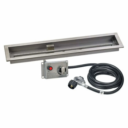 36-inch by 6-inch linear stainless steel drop-in fire pit pan by American Fire Products shown on a white background, featuring a rectangular recessed pan, integrated burner tube, electronic ignition control box, and propane gas hose with regulator.