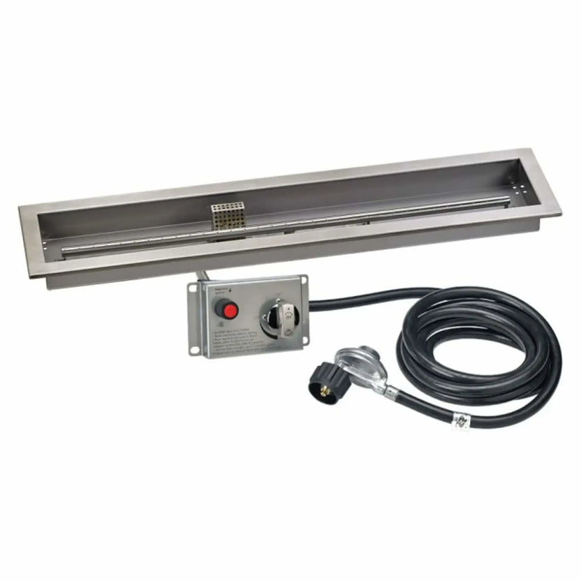 36-inch by 6-inch linear stainless steel drop-in fire pit pan by American Fire Products shown on a white background, featuring a rectangular recessed pan, integrated burner tube, electronic ignition control box, and propane gas hose with regulator.