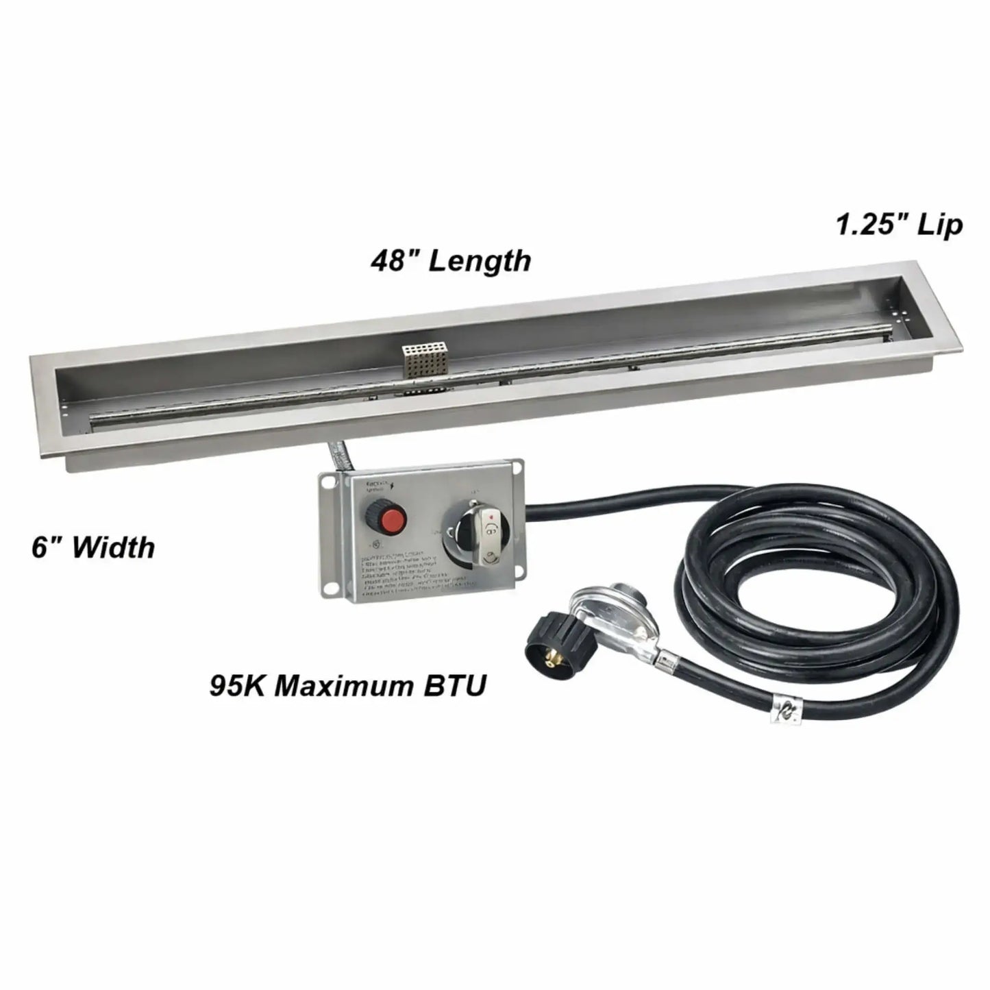 Illustrated size reference for a 48-inch linear propane fire pit pan, highlighting the 6-inch width, 1.25-inch lip, electronic ignition controls, and a maximum heat output of 95,000 BTUs.