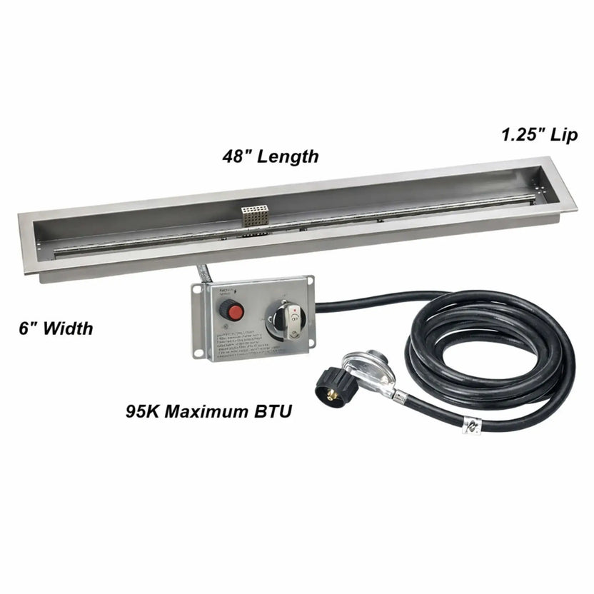 Illustrated size reference for a 48-inch linear propane fire pit pan, highlighting the 6-inch width, 1.25-inch lip, electronic ignition controls, and a maximum heat output of 95,000 BTUs.