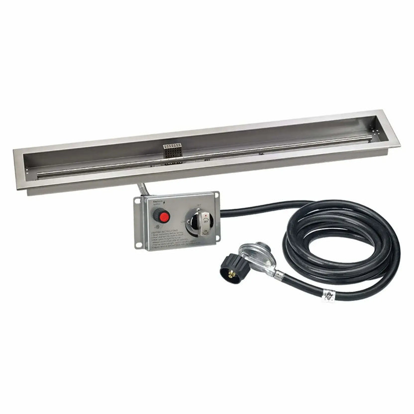48-inch by 6-inch stainless steel linear drop-in fire pit pan with electronic ignition system, shown with control box, black propane hose, and regulator, designed for modern outdoor fire pit and fire table installations.