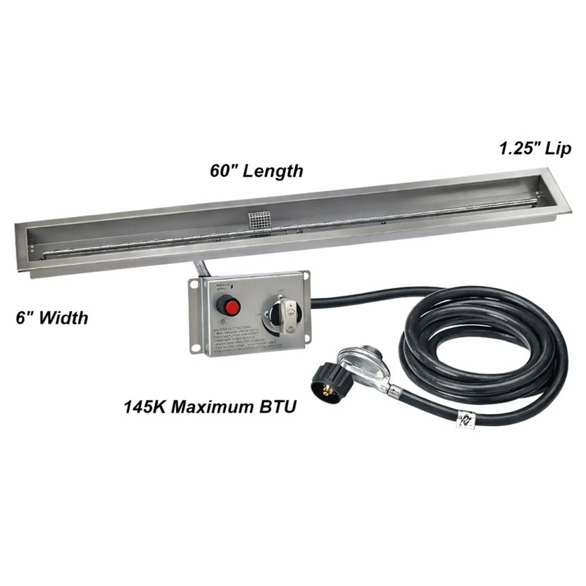 Dimension graphic of a 60-inch linear stainless steel propane fire pit pan showing a 6-inch width, 1.25-inch mounting lip, integrated ignition system, and a powerful 145,000 BTU maximum output.