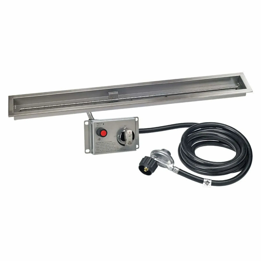 60-inch stainless steel linear fire pit pan designed for propane gas, displayed with a recessed burner tray, electronic ignition control panel, and coiled gas hose for large custom outdoor fire features.
