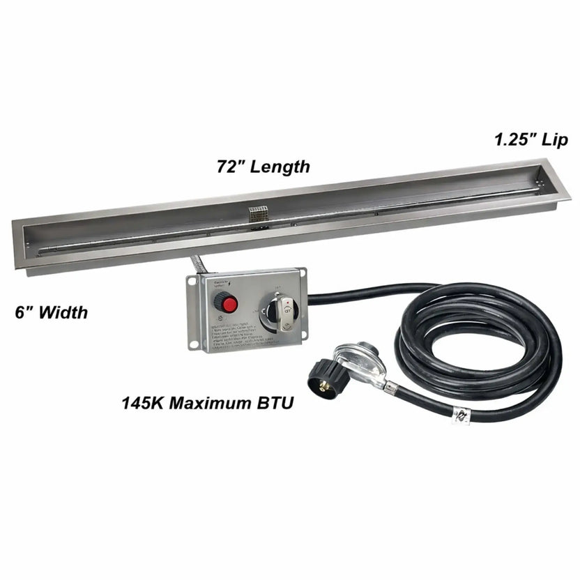 Detailed measurement image of a 72-inch stainless steel propane fire pit pan highlighting the 6-inch width, extended burner length, electronic ignition system, and a high-output 145,000 BTU rating.