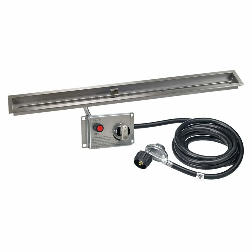 72-inch linear stainless steel drop-in fire pit pan with electronic ignition, shown on a white background with control box, propane hose, and regulator, ideal for expansive outdoor fire pit designs.