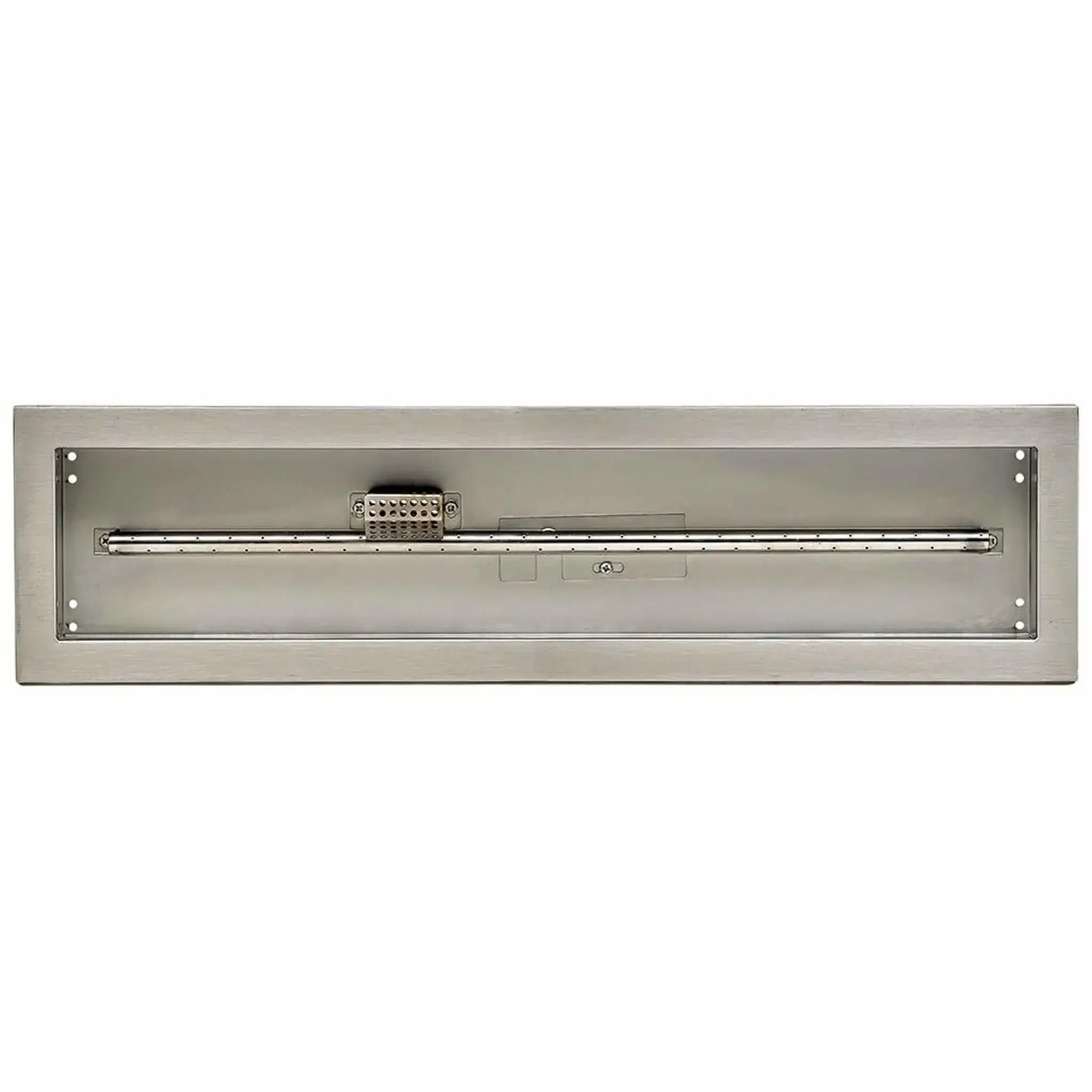 Top-down view of a linear stainless steel drop-in fire pit pan featuring a long perforated burner tube, centered flame guard, and clean rectangular design with a brushed stainless steel finish, shown without flame to highlight the internal burner layout and CSA-certified construction.