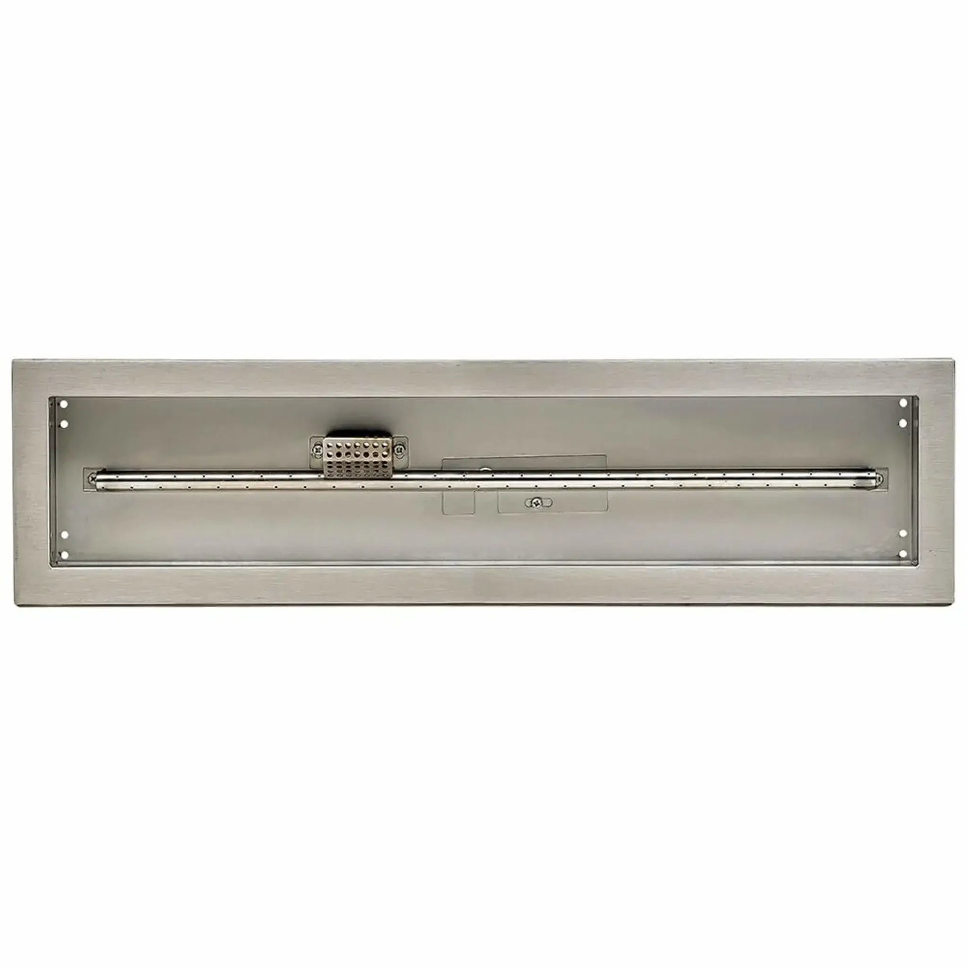 Top-down view of a linear stainless steel drop-in fire pit pan featuring a long perforated burner tube, centered flame guard, and clean rectangular design with a brushed stainless steel finish, shown without flame to highlight the internal burner layout and CSA-certified construction.