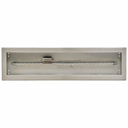 Top-down view of a linear stainless steel drop-in fire pit pan featuring a long perforated burner tube, centered flame guard, and clean rectangular design with a brushed stainless steel finish, shown without flame to highlight the internal burner layout and CSA-certified construction.