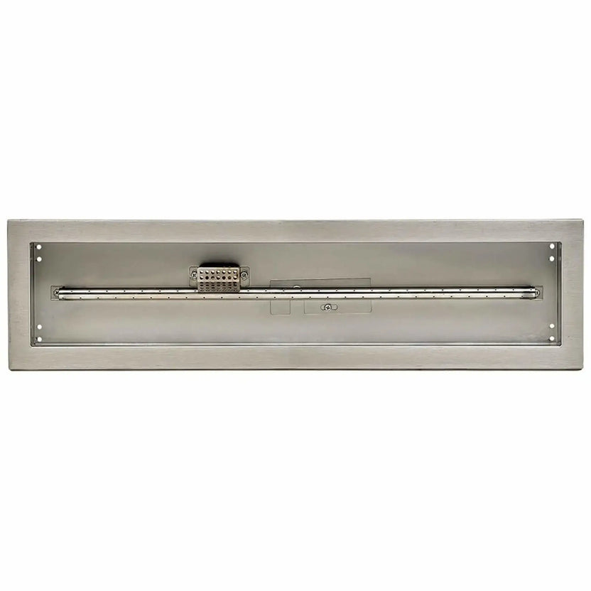 Top-down view of a linear stainless steel drop-in fire pit pan featuring a long perforated burner tube, centered flame guard, and clean rectangular design with a brushed stainless steel finish, shown without flame to highlight the internal burner layout and CSA-certified construction.