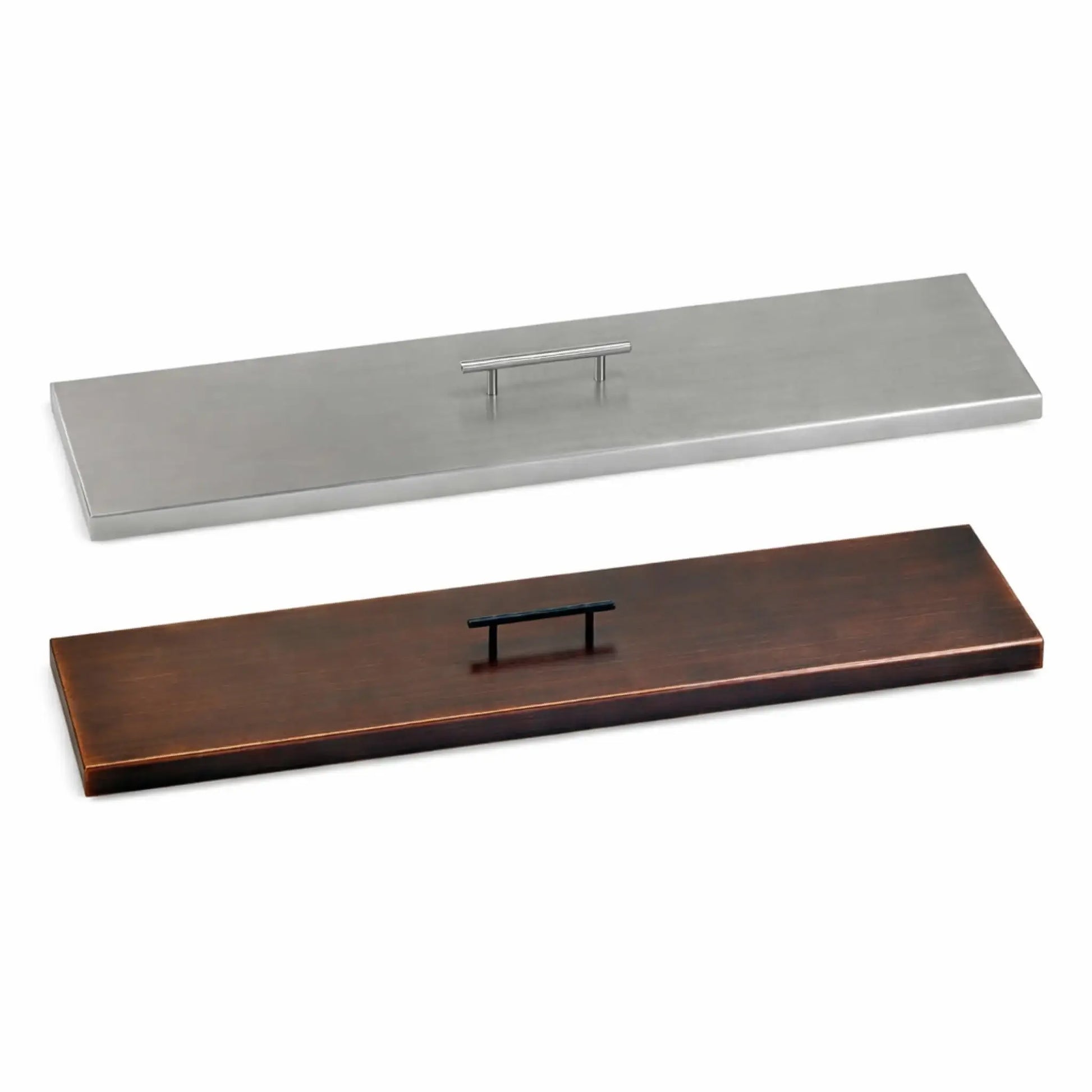 Side-by-side comparison of linear fire pit burner covers in stainless steel and oil rubbed bronze finishes, highlighting the contrast between modern silver tones and warm bronze styling for outdoor fire features.