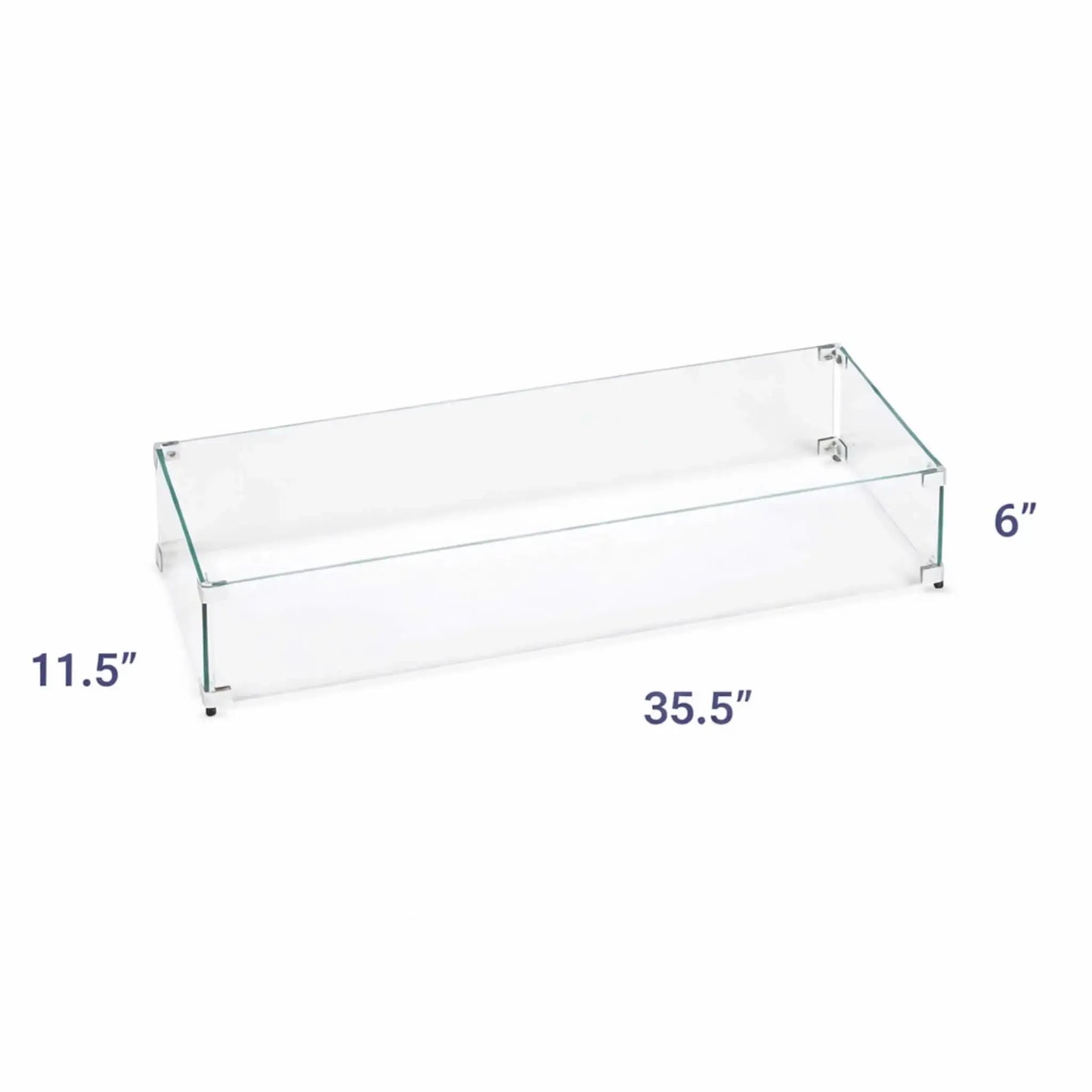 Clear linear tempered glass wind guard for fire pits with labeled dimensions, measuring 35.5 inches long, 11.5 inches wide, and 6 inches high, shown on a white background to highlight size and proportions.