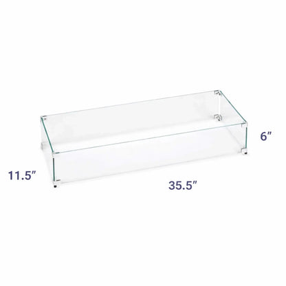 Clear linear tempered glass wind guard for fire pits with labeled dimensions, measuring 35.5 inches long, 11.5 inches wide, and 6 inches high, shown on a white background to highlight size and proportions.
