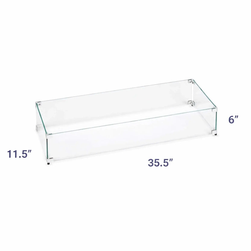Clear linear tempered glass wind guard for fire pits with labeled dimensions, measuring 35.5 inches long, 11.5 inches wide, and 6 inches high, shown on a white background to highlight size and proportions.
