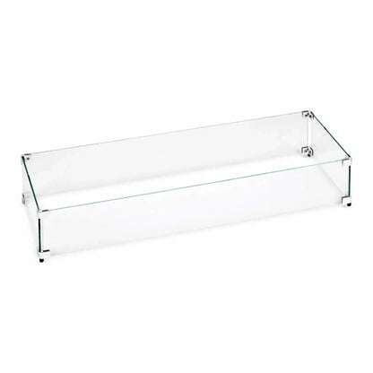 Linear tempered glass wind guard designed for rectangular fire pits, featuring clear glass panels secured with metal corner brackets, shown assembled to protect flames from wind while maintaining an open, modern look.