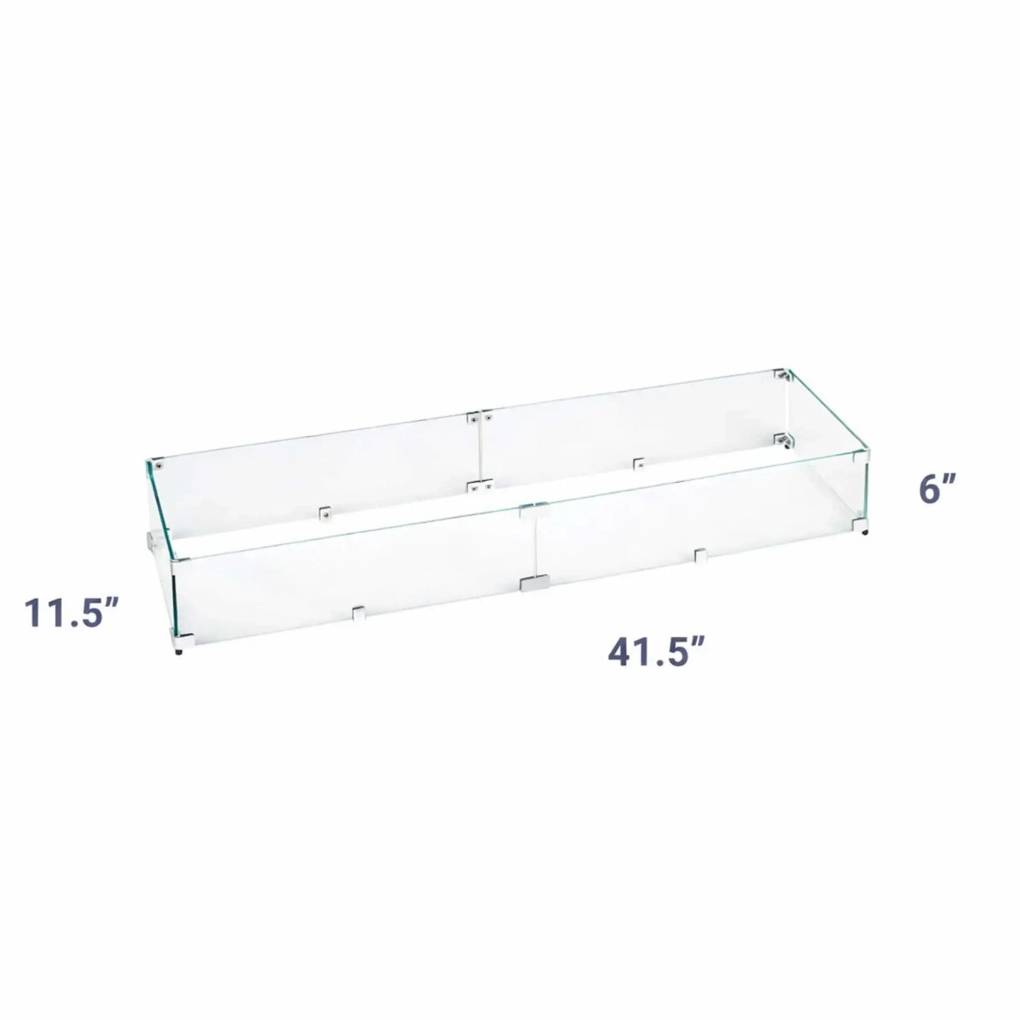Dimensioned image of a linear tempered glass wind guard for fire pits, displaying a 41.5 inch length, 11.5 inch width, and 6 inch height, with clean measurement callouts for accurate sizing.