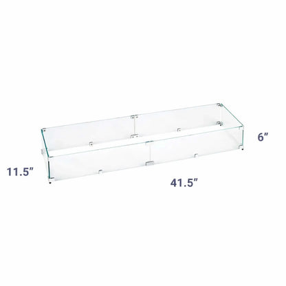 Dimensioned image of a linear tempered glass wind guard for fire pits, displaying a 41.5 inch length, 11.5 inch width, and 6 inch height, with clean measurement callouts for accurate sizing.